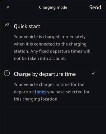 etron GT Charge Mode set to Departure Time