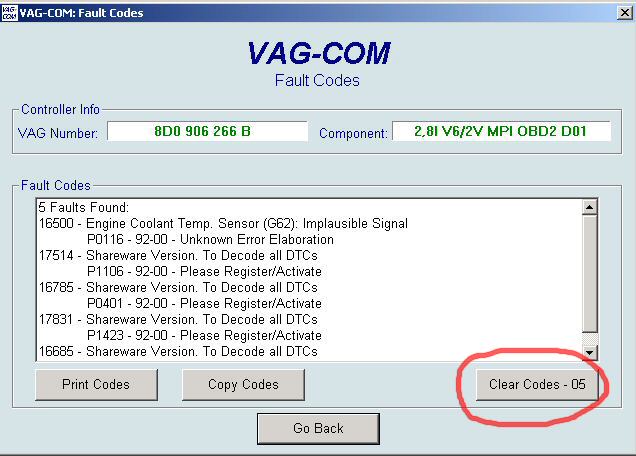 Check engine light fault codes display