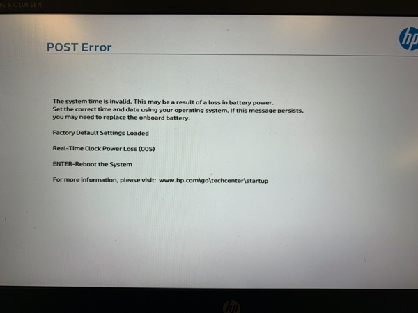 HP Post Error RTC screen