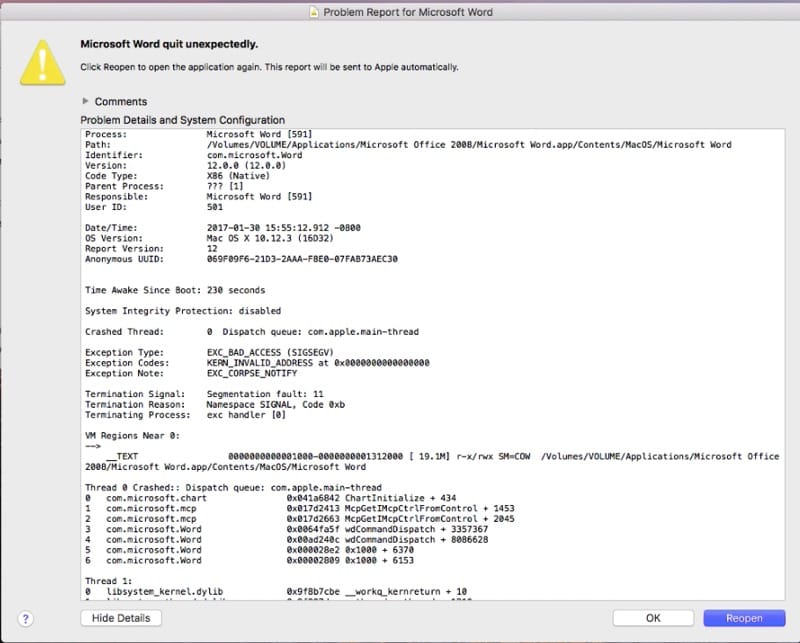Word crashes in macOS Sierra